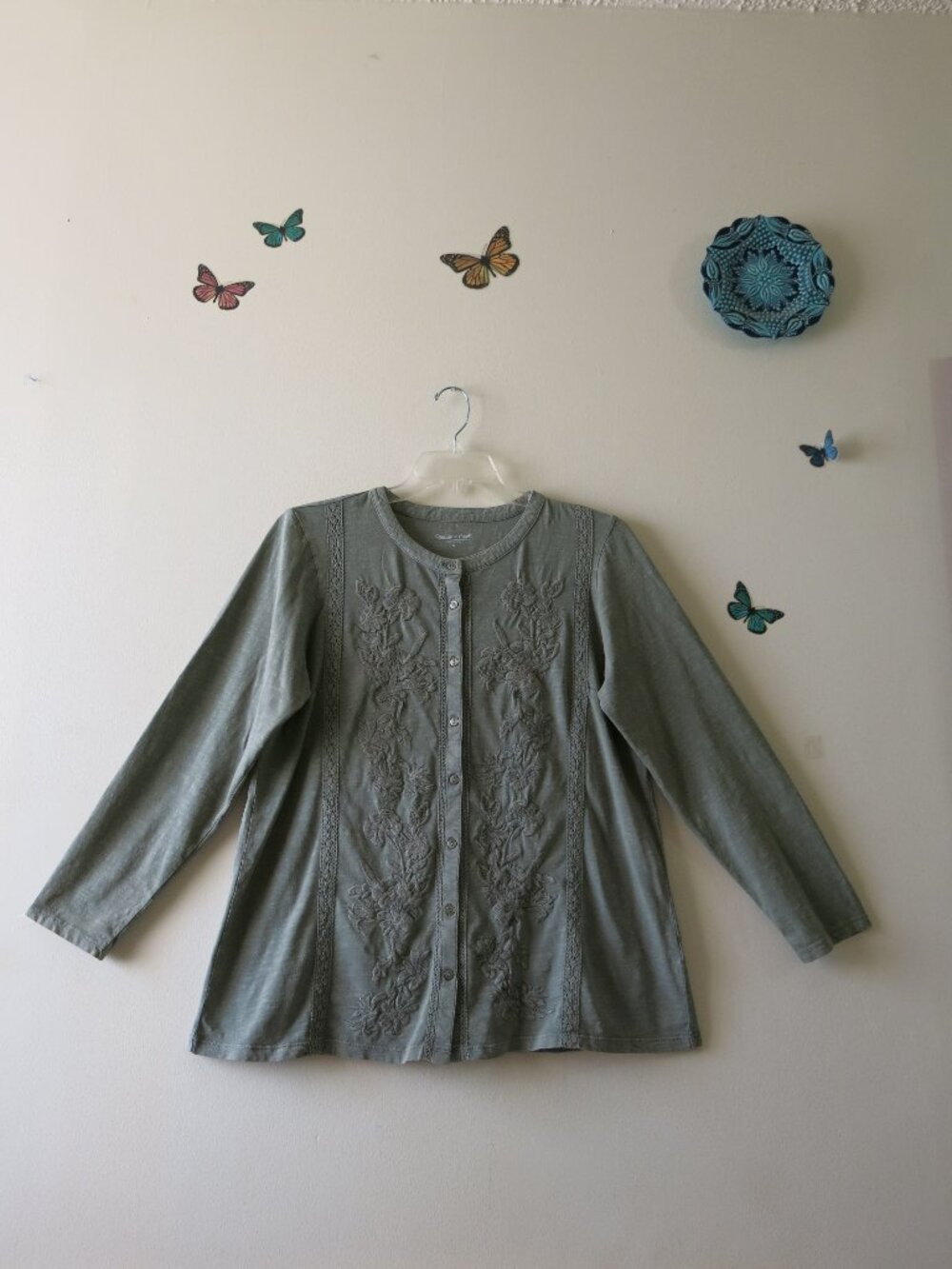 Coldwater Creek Floral Embroidery Knit Cotton Green Sage Long Sleeve Top Size XL